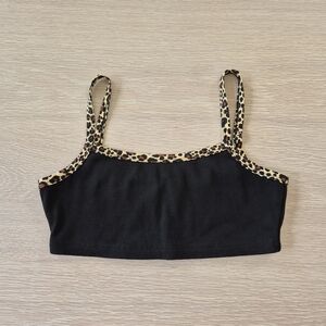 SHEIN Black Ribbed Crop Top with Leopard Trim